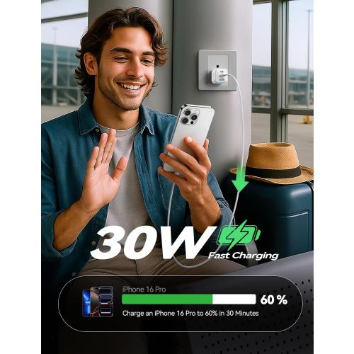 JOYROOM iPhone Charger Fast Charging, 3 Port 30W GaN USB C Charger Block, Portable Compact Type C Charging Block with Foldable Plug for iPhone17/16/15/14/13/12 Series, iPad, Galaxy and More