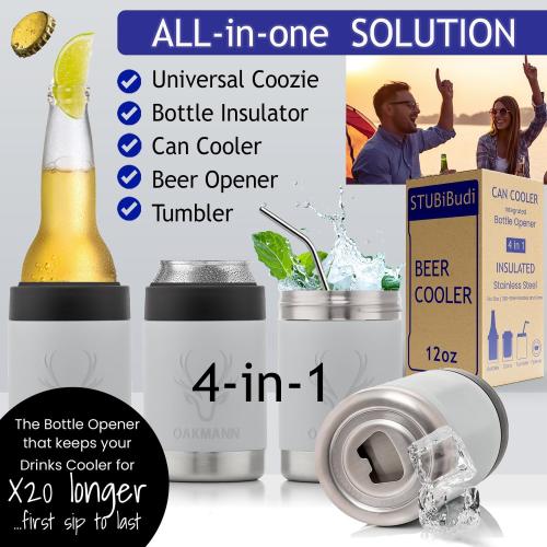 Mist Grey 12oz OAKMANN Stainless Steel Beer Cooler With Bottle Opener, Vacuum Insulated Can Cooler 12 oz for Bottles Cans, 4-in-1 Universal Insulator Coozy for Bottles Cans, Beer Gifts for All (Mist Grey)