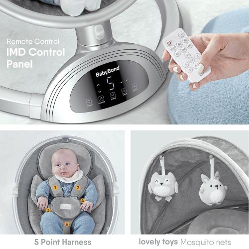 BabyBond Baby Swings for Infants, Bluetooth Infant Swing , 3 Seat Positions, 5 Point Harness Belt, 5 Speeds and Remote Control - Portable Baby Swing for Indoor and Outdoor (Silver)