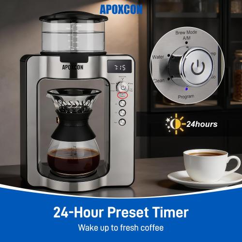 APOXCON Automatic Drip Coffee Maker for Coffee Enthusiasts -Pour Over Coffee Brewer with Programmable Timer, Hand Drip Simulation, Adjustable Strength, Built-in Scale, Glass Water Tank & Carafe