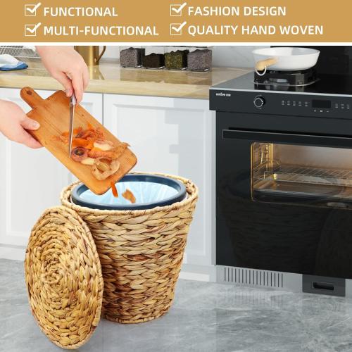 4 Gallons Wicker Waste Basket Can with Lid & Liner, Handwoven Wastebasket Wastepaper Basket with 60Pcs Bag, Wicker Trash Garbage Rubbish Can Bin Basket for Bedroom Bathroom Office Kitchen