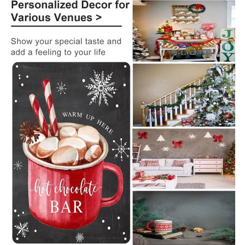 Joyline Vintage Christmas Decor Gifts Rustic Hot Chocolate Bar Warm Up Here Tin Sign for Home Farmhouse Kicthen Cafe Bar Wall Decor 8 x 12 inches (3235)
