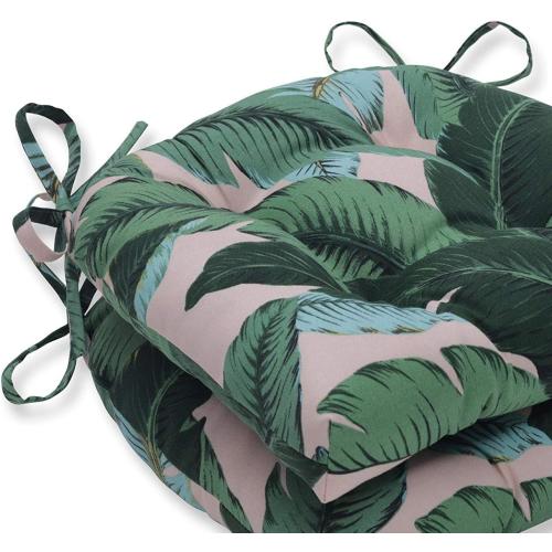 Pillow Perfect Tropic Botanical Indoor/Outdoor Tufted Wicker Seat Cushion With Ties, 2 Count, , Green Swaying Palms Capri