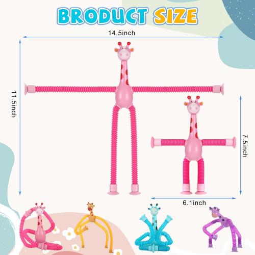Easter Basket Stuffers for Toddler Kids ,Pop Tubes Giraffe Travel Toys 4Pcs,Airplane Car Travel Activities for Toddlers,Suction Cup ‌Sensory Fidget Toy,Fun Screen-Free Activity for Boy & Girl