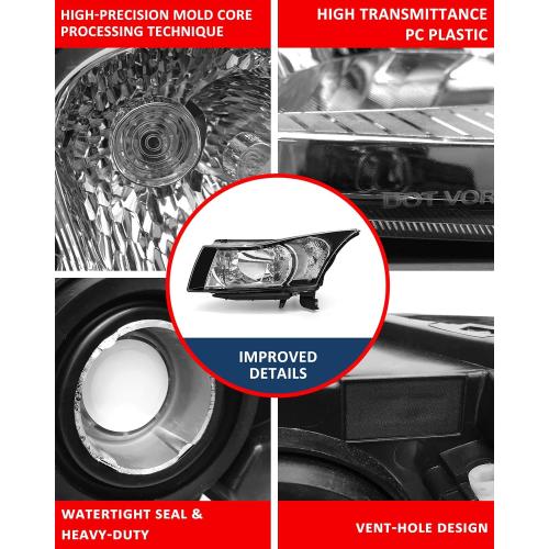 Compatible with Chevy 2011-2015 Cruze LS/LT/LTZ Black Housing Headlight Assembly fit 2016 Cruze Limited Matte Clear Lens Headlamp Replacement Driver and Passenger Pair（W/O Bulbs）