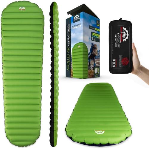 Green and Black Gear Doctors Ultralight 17oz Camping Sleeping pad ApolloAir - Compact, Warm 5.2 R-Value 4 Season Air Mattress, Perfect for Backpacking, Hiking - Lightweight Inflatable & Compact Sleep Pad