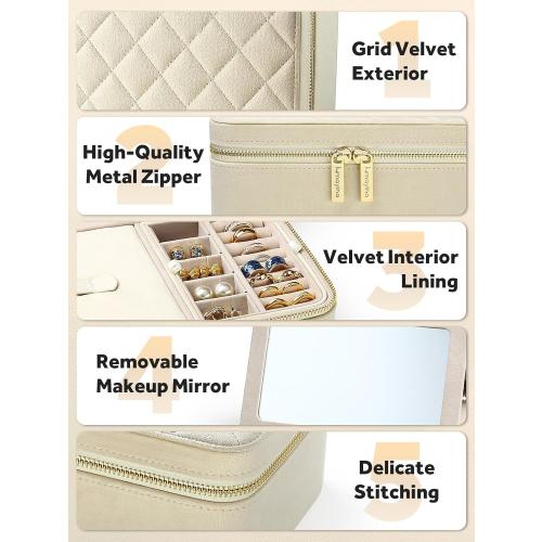 Velvet Travel Jewelry Box with Large Mirror, Double-Layer Jewelry Organizer Case for Women and Girls, Portable Storage Case with 6 Anti-Tarnish Bags Gift Ready for Her (Beige)