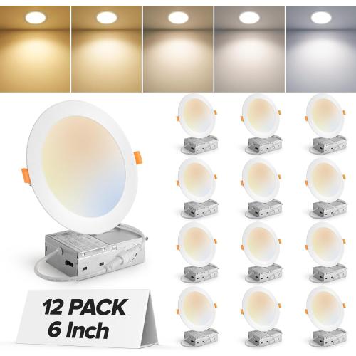 MAILCOS 12 Pack 6 Inch 5CCT Ultra-Thin LED Recessed Ceiling Light with Junction Box, 2700K-5000K Selectable, 1050LM High Brightness, Dimmable Canless Wafer Downlight, 12W 120V, ETL