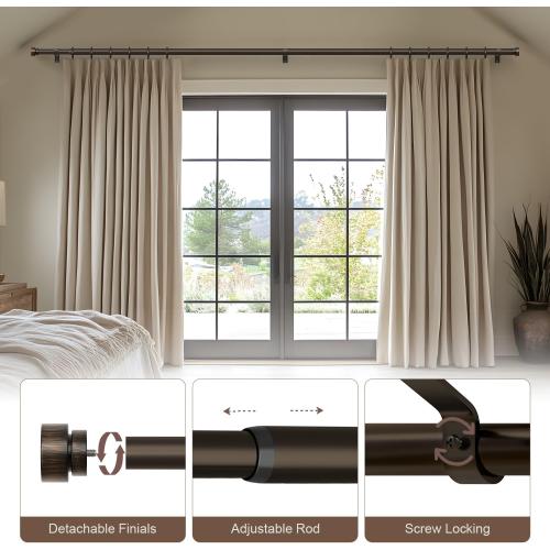 Lootkell Modern Antique Brown Bronze Curtain Rods for Windows 66 to 120 Inches Adjustable Heavy Duty 1 Diameter Window Rod with Decorative Finials for Outdoor Farmhouse Bedroom Kitchen Living Room