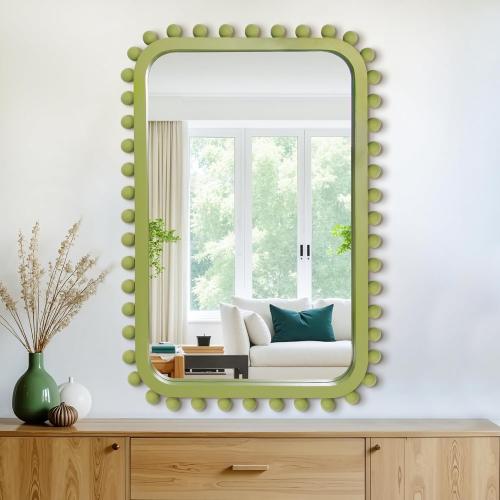 Bathroom Mirror for Wall with Wooden Beaded, 30x20 Rectangular Solid Wood Vanity Mirror for Farmhouse, Bathroom, Bedroom Decor(Green)