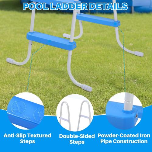 Threlaco 33 Inch Above Ground Pool Ladder 2 Step Steel Frame Swimming Pool Entry Exit Ladder Non Slip Metal Frame Steps, Weight Capacity 300lbs(White and Blue)