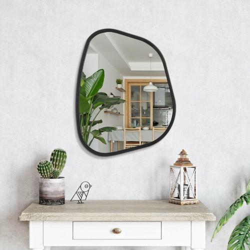 Black Asymmetrical Wall Mirror Large 20x16 Irregular Oval Mirror Modern Wood Frame Unique Shape Wall Mounted Vanity Artistic Mirrors Decorative for Living Room Bedroom Bathroom Hallway