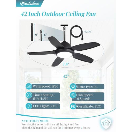 42 Inch Waterproof Outdoor Ceiling Fan with Lights and Remote,IP65 Hanging Gazebo Fan with 3CCT 6-Speed DC Motor,Black Wet Rated Plug in Ceiling Fan with Cord for Patios Porch Pergola