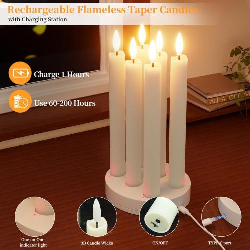 Rechargeable Flameless Taper Candles with Charging Station 6Pcs Real Wax Battery Taper Candles with Remote Timer Led Candlesticks Flickering Realistic for Christmas Home Wedding Decor Ivory