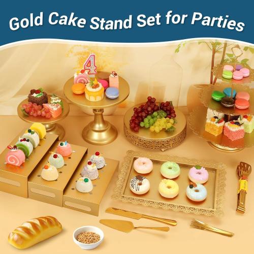 Audab Metal Gold Dessert Table Display Set Including Cake Stands, Cupcake Tower Stand, Dessert Tray, Risers Stands, Cake Cutting Set and Serving Tongs for Wedding, Birthday Party Decor