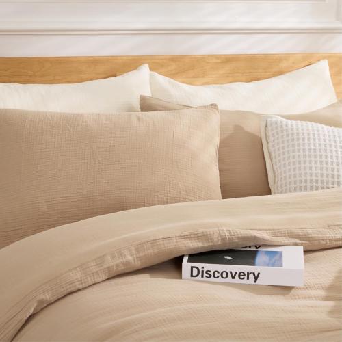 100% Sandwashed Cotton Duvet Cover Queen Size, Soft Queen Duvet Cover Set 3 Pieces with Zipper Clousre & Corner Buttons (Linen, Queen 90 x 90)