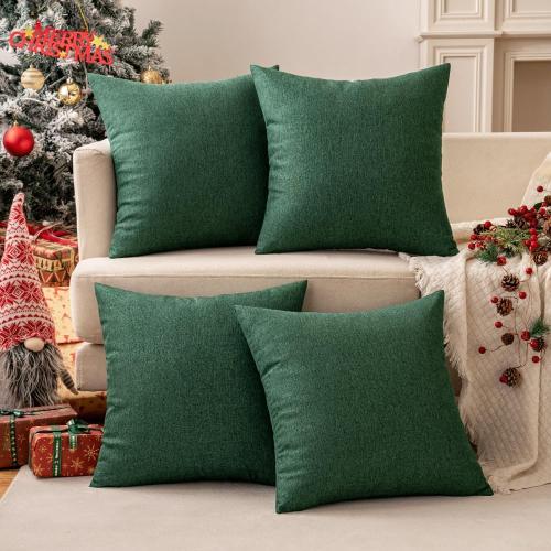MIULEE Pack of 4 Decorative Christmas Solid Waterproof Throw Pillow Covers Linen Garden Farmhouse Cushion Cases for Outdoor Patio Tent Balcony Couch Sofa 16x16 inch Dark Green