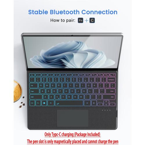 Dark Grey Surface Pro Keyboard, Wireless Type Cover for Microsoft Surface Pro 11/10/9/8/X 13 inch, Ultra-Slim Bluetooth Portable Magnetic Keyboard with 7 Color Backlit, Pen Holder, Trackpad