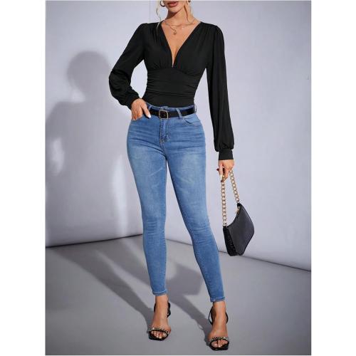 Small SweatyRocks Women's Deep V Neck Long Sleeve Bodysuit Tops Ruched Pleated Leotard Shirts capella