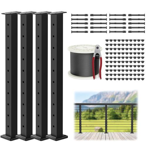BLACK 4-12ft Complete Set 36 Cable Railing Post Kits, Stainless Steel Black Level Drilled Line Posts(35x2x2)4 Pack, 1/8 Wire Rope with Cutter(No Handrail), Swageless Deck Cable Railing, MY07-LP