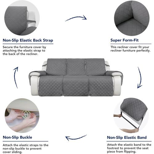 PureFit Water Resistant Reversible Sofa Covers for Reclining Sofa - Non Slip Split Recliner Couch Cover for 3 Cushion Couch, Washable Furniture Protector for Kid, Dog (3 Seat, Gray/Light Gray)