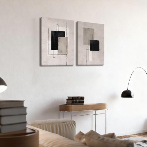 Kdyudo 2 Pcs Large Minimalist Block Line Canvas Framed Wall Art Neutral Abstract Print Poster Wall Decor Black Beige And Brown Geometric Square Line Painting Pictures Living Room Bedroom 16x24 Inch