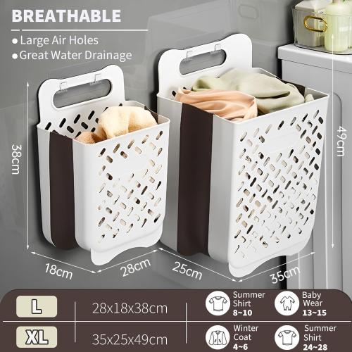 Plastic Collapsible Hanging Laundry Baskets with Carry Handle, Space-Saving Wall Hanging Laundry Basket Durable Tall Folding Plastic Laundry Hamper Waterproof Dirty Clothes Organizer XL L