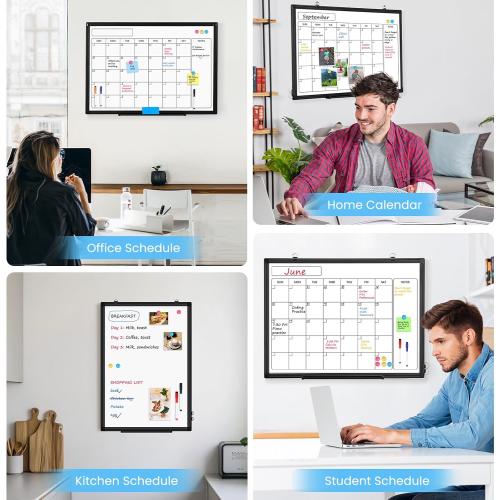 Whiteboard Calendar 36x24 Magnetic Dry Erase Board for Wall, Black | Monthly Calendar, Magnetic Wall Mount Hanging Board, Office Home School, Easy Clean Aluminum Frame, Complete Accessories Kit