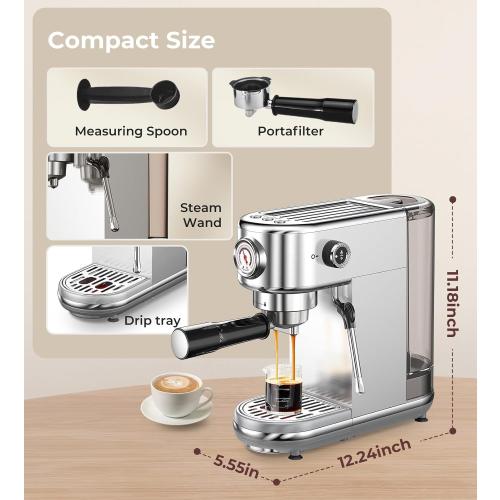 Espresso Machine with Milk Frother, 20 Bar Pressure Espresso Maker, with 44OZ Removable Tank, Compact Stainless Steel Coffee Machine for Home, Office, Latte, Cappuccino, Macchiato, Silver