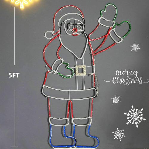 5FT Lighted Waving Santa Claus Animated Christmas Decoration, 273 LEDs Neon Lighted Figure for Outdoor Yard Decor, Indoor Holiday Party