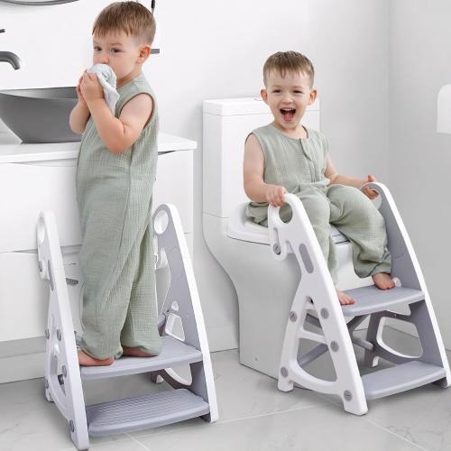 Color Grey Potty Training Seat, 2-in-1 Toddler Toilet Seat with Step Stool, Ultra-Stable Potty Chair Attachment, Adjustable Seat and Step Ladder, Non-Slip Design, Splash Guard for Boys and Girls