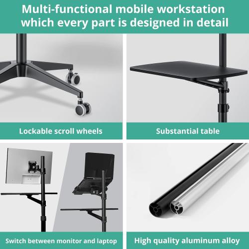 Viozon Mobile Desk,Mobile Workstation,Mulitiuse Rolling Laptop Floor Stand,34-48.6 Height Adjustable,Compatible with 17-27 Monitor&12-17 Laptop,21×14 Desk,Maxload 17.6lbs,4 Lockable Wheels B