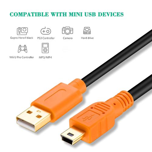 Tan QY Mini USB Cable 15Ft, USB 2.0 Type A to Mini B Cable Male Cord for GoPro Hero 3 , Hero HD, Cell Phones, MP3 Players, Digital Cameras etc (15Ft/5M, Orange)