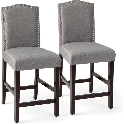 Size 17.5” x 21” x 41” Set of 2 Color Grey COSTWAY Bar Stools Set of 2, Linen Upholstered Counter Height Chairs with Solid Rubber Wood Legs, 25” Kitchen Island Wood Bar Chairs with Nail Heads Decorations, for Kitchen, Bistro, Café (2, Grey)