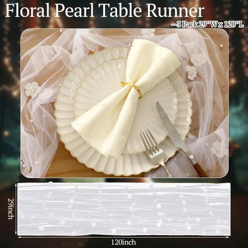 Lounsweer 3 Pcs Tulle Table Runner 10ft Embroidery Table Runner Tulle Fabric Wedding Lace Tablecloth for Bridal Shower Veil Baby Shower Sweetheart Birthday Home Decorations (White,Pearl)
