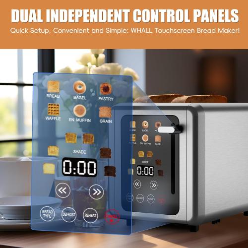 WHALL Touch Screen Toaster 2 Slice, Stainless Steel Digital Timer Toasters with Sound Function, Smart Extra Wide Slots Toaster with Bagel, Cancel, Defrost (silver)