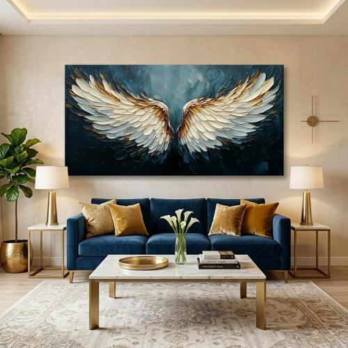 ZESTRILIA Angel Wings Wall Art Blue Oil Painting Reproduction Print Modern Abstract Canvas Paintings Waterproof Artwork Picture for Living Room Bedroom Home Office Kitchen Décor (28x58inch)