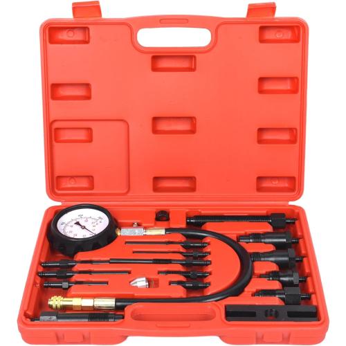 16Pcs Diesel Engine Compression Gauge Tester Cylinder Pressure Test Tool Kit，for Car Truck Tractor Diesel Pressure Tester Kit (Red 01)