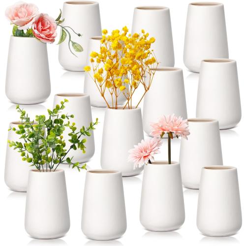 Tioncy 15 Pack White Ceramic Bud Vases Bulk Boho Small Flower Vase White Ceramic Vases for Centerpieces for Dry Flowers Pampas Grass Home Wedding Table Decor (3.9*2.76,Basic)