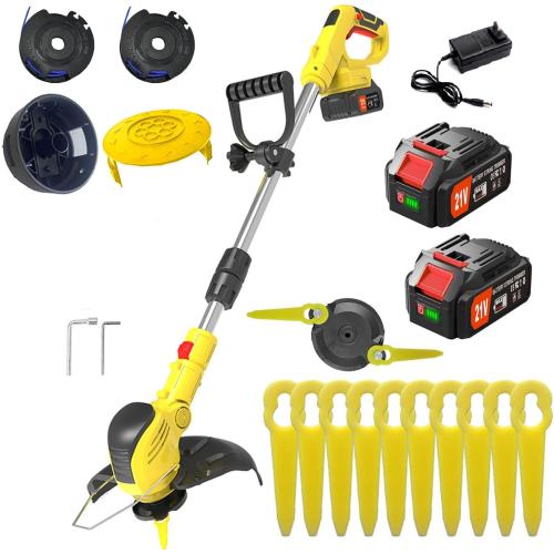 Weed Wacker 21V Cordless Lawn Mower, Electric Weed Wacker with 1 Charger, Weed Eater 2 Li-Ion Batteries with Auto-Feed, Lawn Edger with 2 Mower Spools and 10 Sets of Cutting Blades