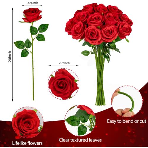 Red Roses Artificial Velvet Silk Flowers Fake Roses Bouquet with medium Stems for Valentines Gifts Wedding Centerpiece Bridal Anniversary DIY Floral Arrangment Home Decor, Red