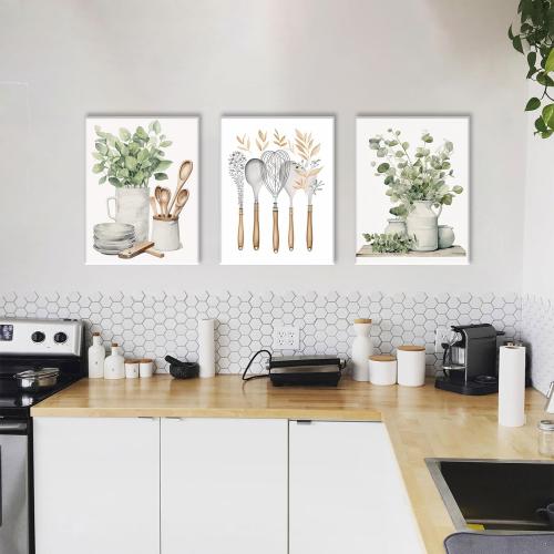 AOYUSMO Kitchen Wall Decor 3 Piece Sage Green Botanical Prints 16x24