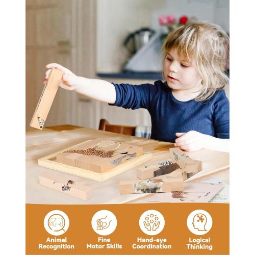 2 Pack Wooden Puzzles for Toddlers - 4 in 1 Safari Animal Chunky Puzzles Ages 2-4, Preschool Educational Montessori Toys Gifts for 2 3 4 Year Old Boys Girls