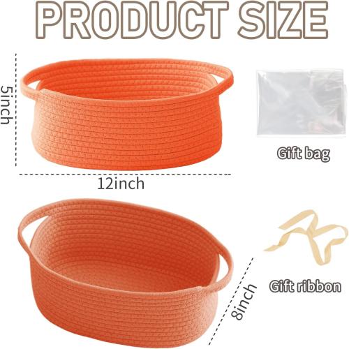 JMvicyroam Small Woven Basket, Empty Gift Basket, Orange/1 Pack | Small Gift Basket, Cotton Rope, 12 x 8 x 15 in, Handles, Includes Ribbon and Bag, Birthday Gift Basket