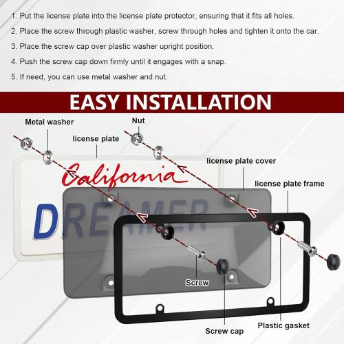2PCS Clear License Plate Covers and Frames, Personalized License Plate Frame with Screws Screw Caps Washers, Rust-Proof Auto LicensePlate Holder, Universal License Protector for Standard US Plates