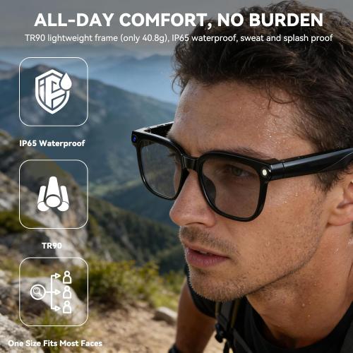 AI Smart Glasses with Camera, 1080P EIS Video, Bluetooth Music