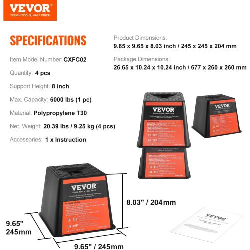 VEVOR Trailer Jack Block, Polypropylene RV Camper Stabilizer Blocks, RV Travel Accessories Use for Any Tongue Jack, Post, Foot, 5th Wheels, 4-Pack