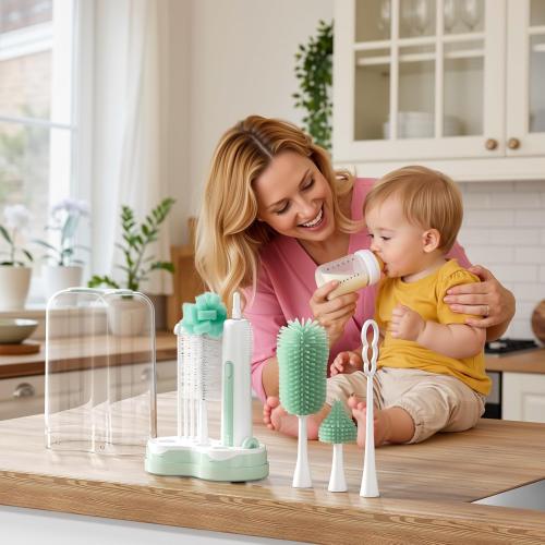 Momcozy 7 in 1 Electric Bottle Brush Kit, Portable Cleaning Set with Formula Mixer, Silicone Brush, Nipple Brush, Straw Brush, Soap Dispenser, Drying Rack - Long Battery Life for Home & Travel
