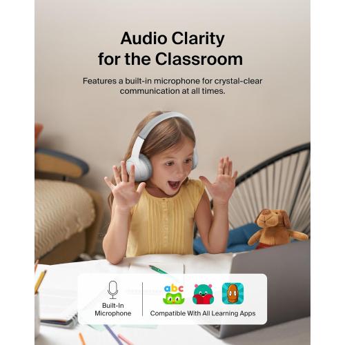 Belkin SoundForm Mini Kids Wireless Headphones w/Built-in Microphone, 30H of Playback Time, Fun Stickers, & Case - Over-Ear Headsets for Online Learning, School, iPhone, iPad, Galaxy, & More - White