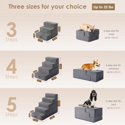 EHEYCIGA Dog Stairs for Small Dogs 13.5 H, 3-Step Dog Steps for Couch Sofa and Chair, Pet Steps for Medium Cats, Non-Slip Balanced Pet Ramp Indoor, Grey